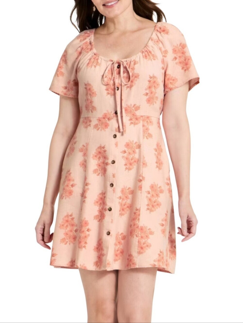 0074 Universal Thread Button Mini Dress Peach Pink Floral Linen Blend Medium New